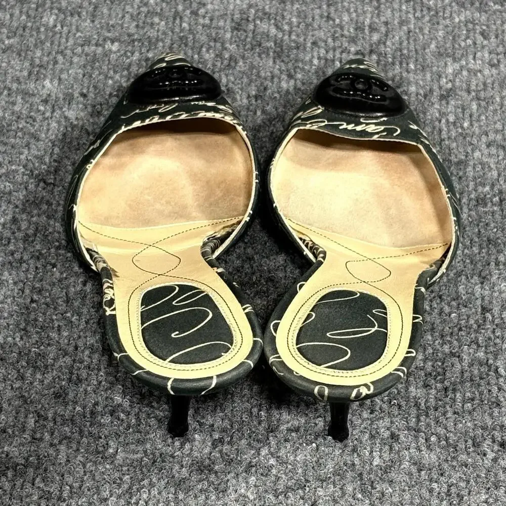 Vintage Chanel Shoes Womens 6 EU 36 Black Cruise Script Print Kitten Heel Mules